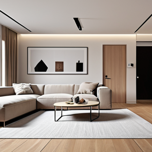 Home 4 **
A modern, minimalist living room featuring clean lines, neutral colors, and smart, discreet storage solutions seamlessly integrated into the design. Focus on a balance of aesthetics and practicality, showcasing how a stylish space can also be family-friendly.
**