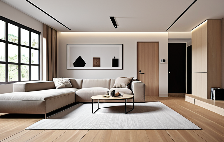 **

A modern, minimalist living room featuring clean lines, neutral colors, and smart, discreet storage solutions seamlessly integrated into the design. Focus on a balance of aesthetics and practicality, showcasing how a stylish space can also be family-friendly.

**