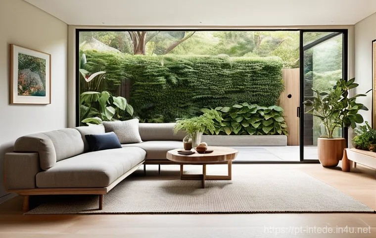 인테리어 디자이너 필수 서적 및 추천 자료 - **Biophilic Oasis Living Room:** A spacious, modern living room bathed in abundant natural light fro...