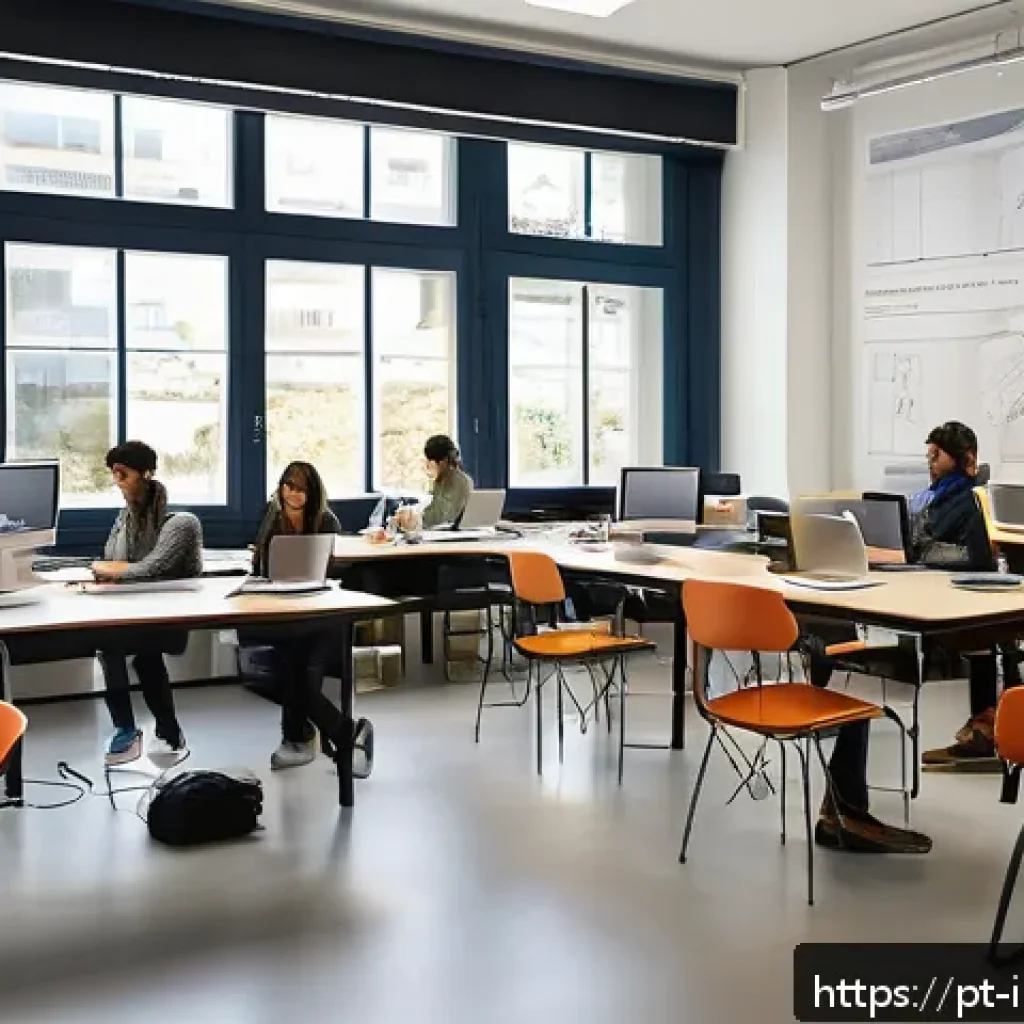 인테리어 디자이너 자격증 종류 및 특징 - A modern Portuguese interior design classroom setting at the University of Porto, filled with divers...