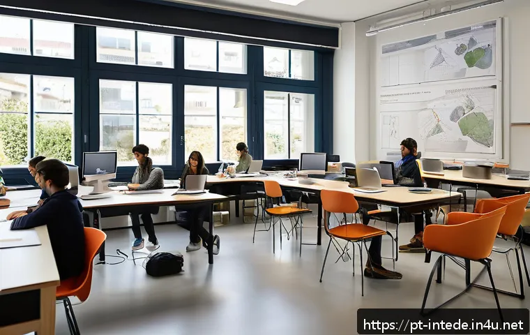인테리어 디자이너 자격증 종류 및 특징 - A modern Portuguese interior design classroom setting at the University of Porto, filled with divers...