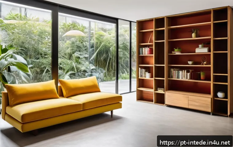 인테리어 디자이너의 해외 트렌드 적용 사례 - A bright and spacious Brazilian living room showcasing multifunctional furniture: a sleek wooden boo...